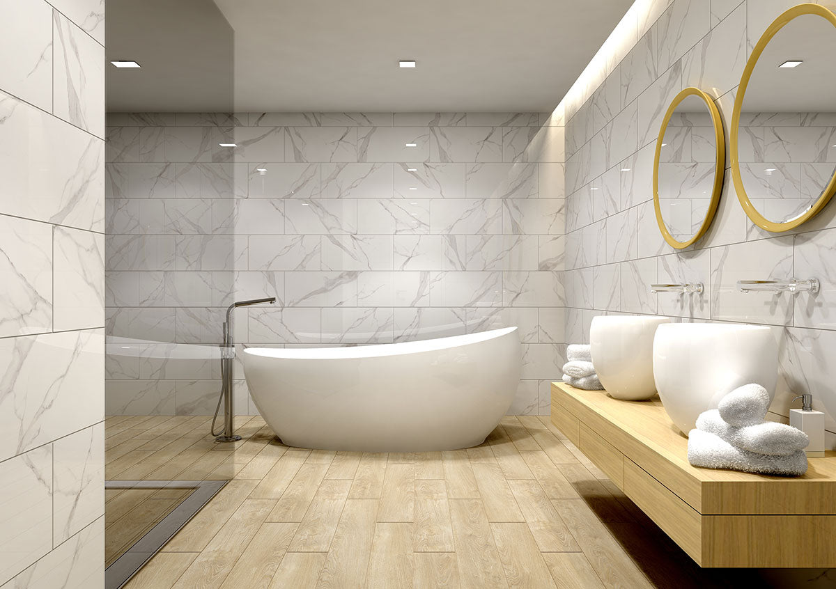 Dymo 12x24 Glossy Ceramic Wall Tile — installed room view — color Statuary