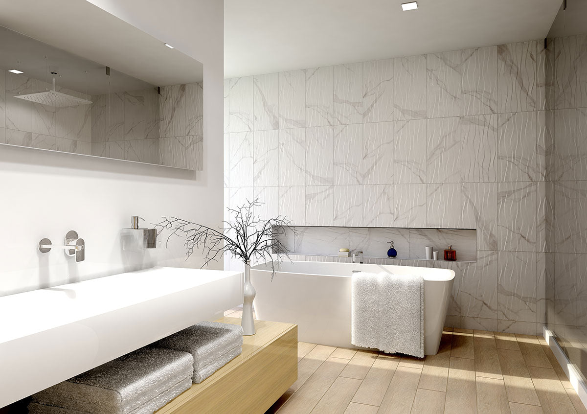 Dymo 12x24 Glossy Ceramic Wall Tile — installed room view — color Statuary Wavy White