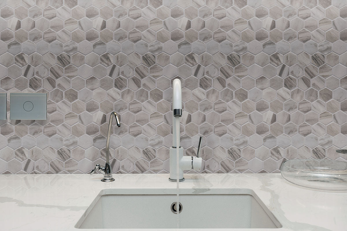 Eden Hexagon Matte Porcelain Mosaic — installed room view — color Bardiglio 2xx2