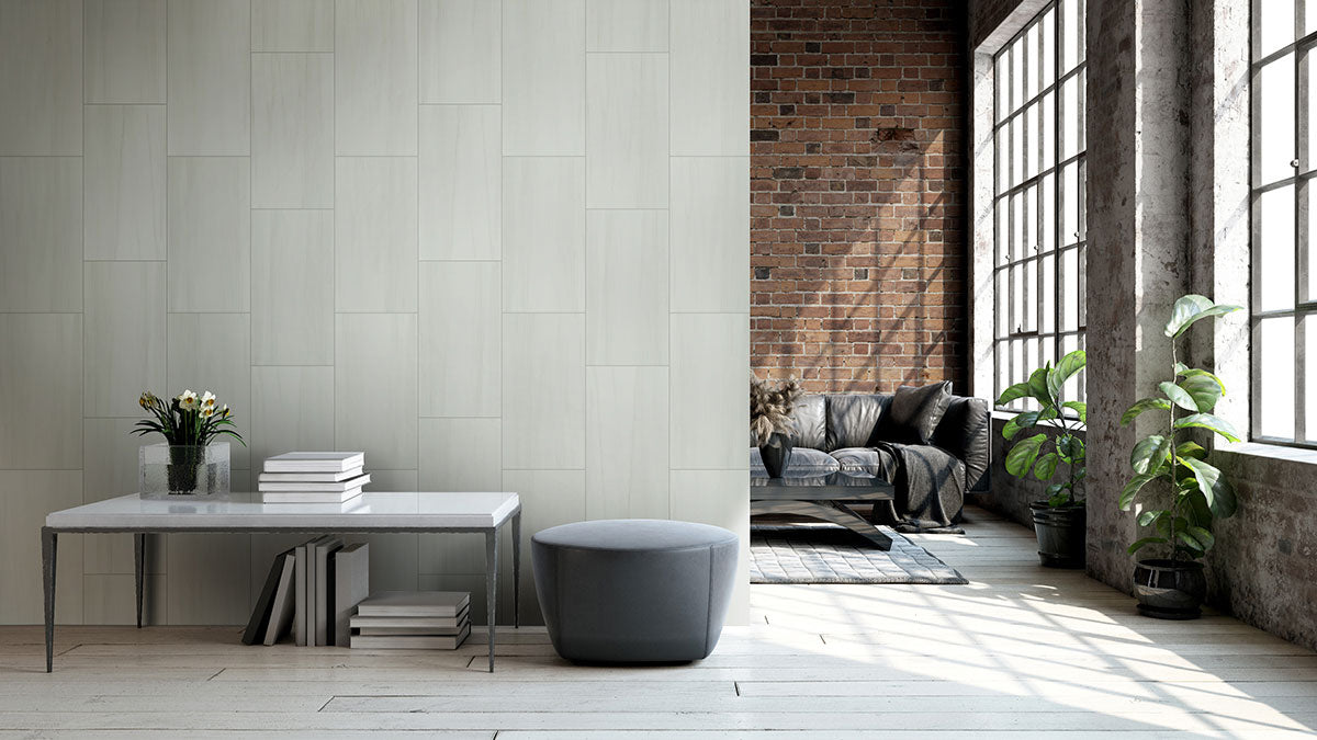 Eden Chevron Matte Porcelain Mosaic — installed room view — color Dolomite