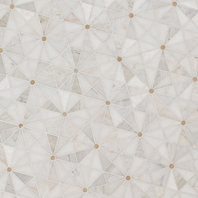 Elegante Pinwheel Gold Stone and Metal Mosaic — isometric scale view — color Gold