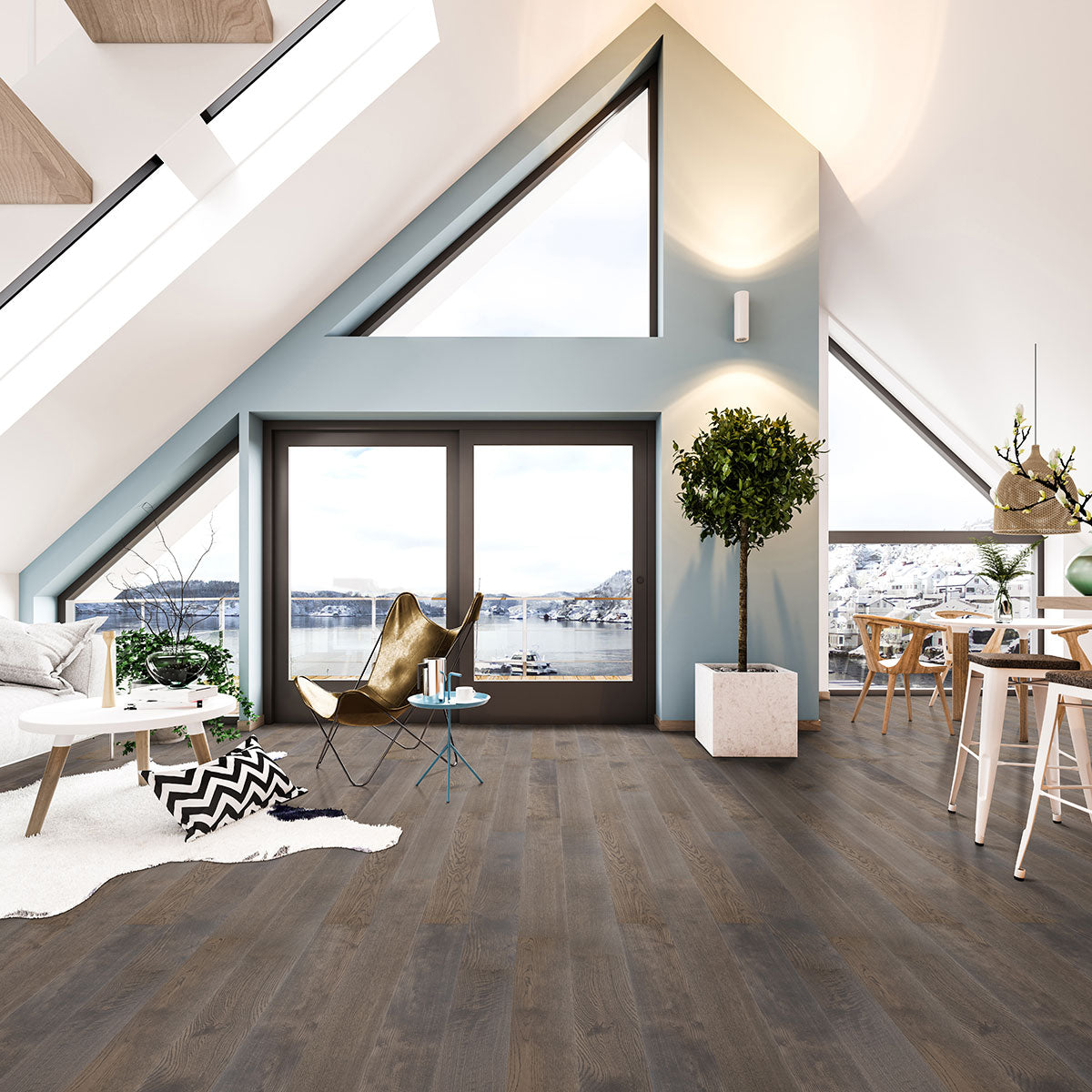 Woodhills 6.5x48 Waterproof Wood Flooring — installed room view — color Estate Oak