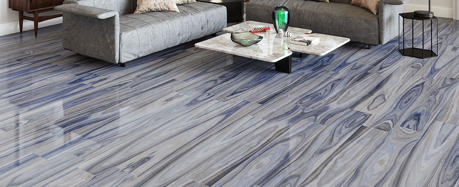 Dellano 8x48 Polished Wood-Look Porcelain Tile — installed room view — color Exotic Blue