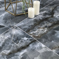 Exotika Tourmaline 24x48 Polished Porcelain Tile — installed room view — color Deep blue, white and black