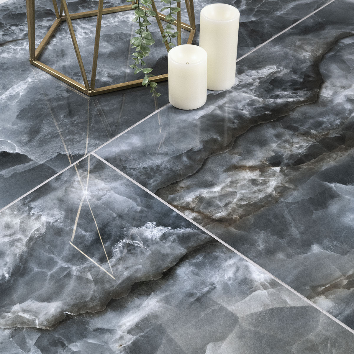 Exotika Tourmaline 24x48 Polished Porcelain Tile — installed room view — color Deep blue, white and black