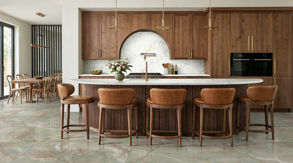 Exotika Verde Vivo 24x48 Polished Porcelain Tile — installed room view — color Vivo