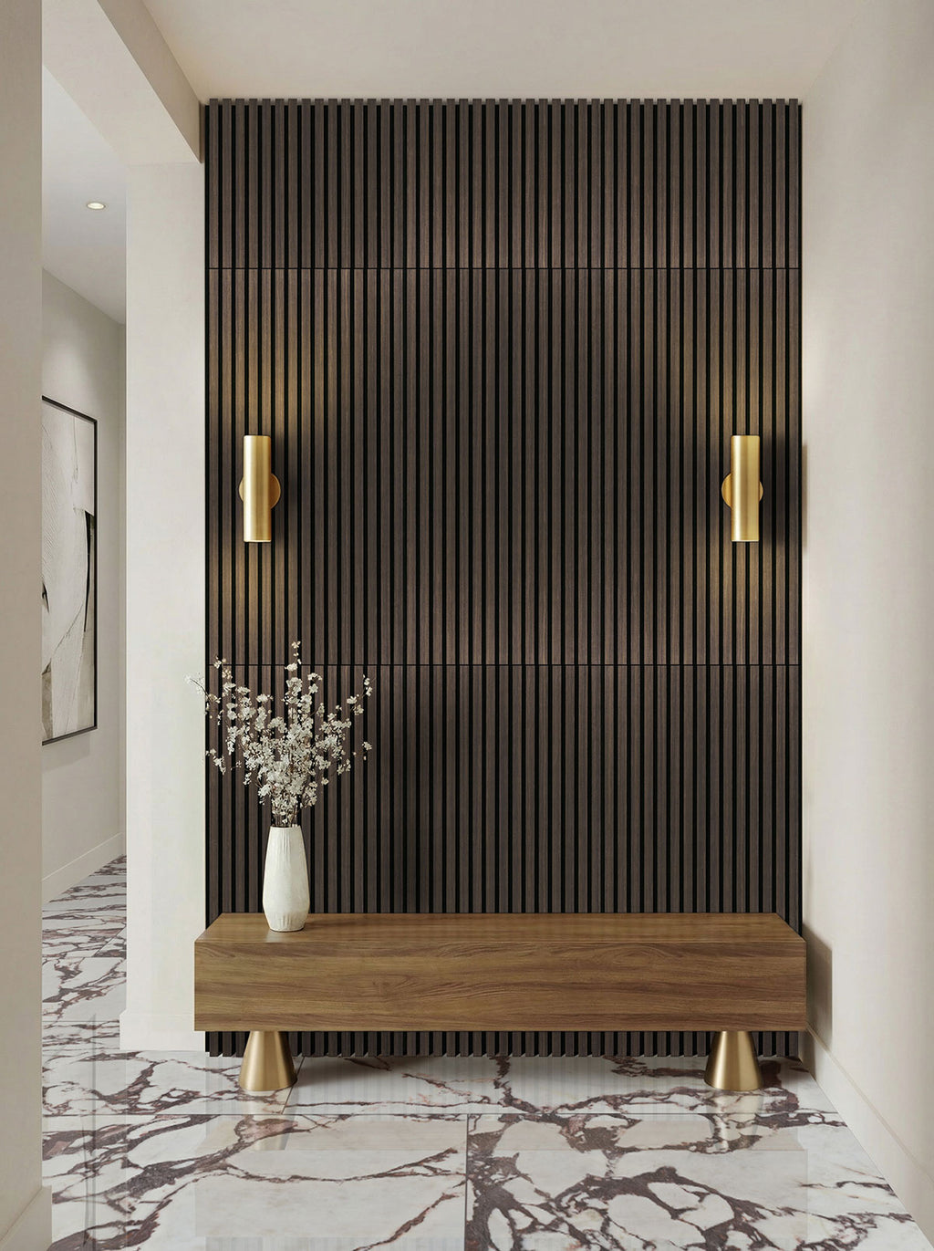 Exotika Violetta 24x48 Polished Porcelain Tile — installed room view — color Warm white with deep purple veining
