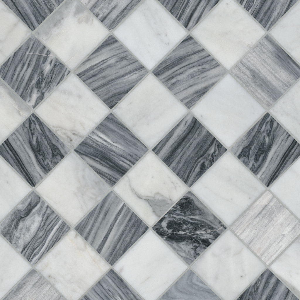 Firenze Blend 3x3 Polished Marble Mosaic — isometric scale view — color Blend