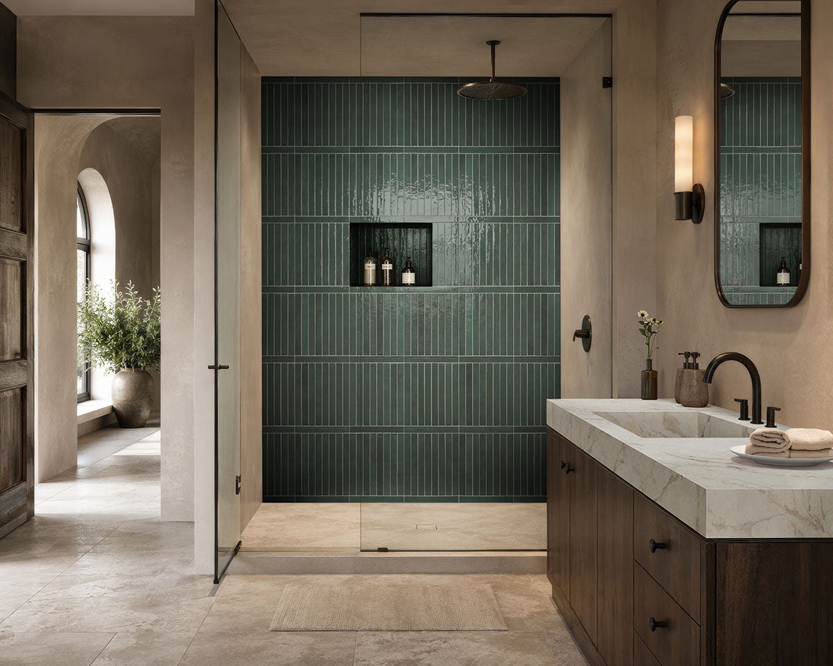 Flamenco 2x18 Glossy Porcelain Tile — installed room view — color Racing Green