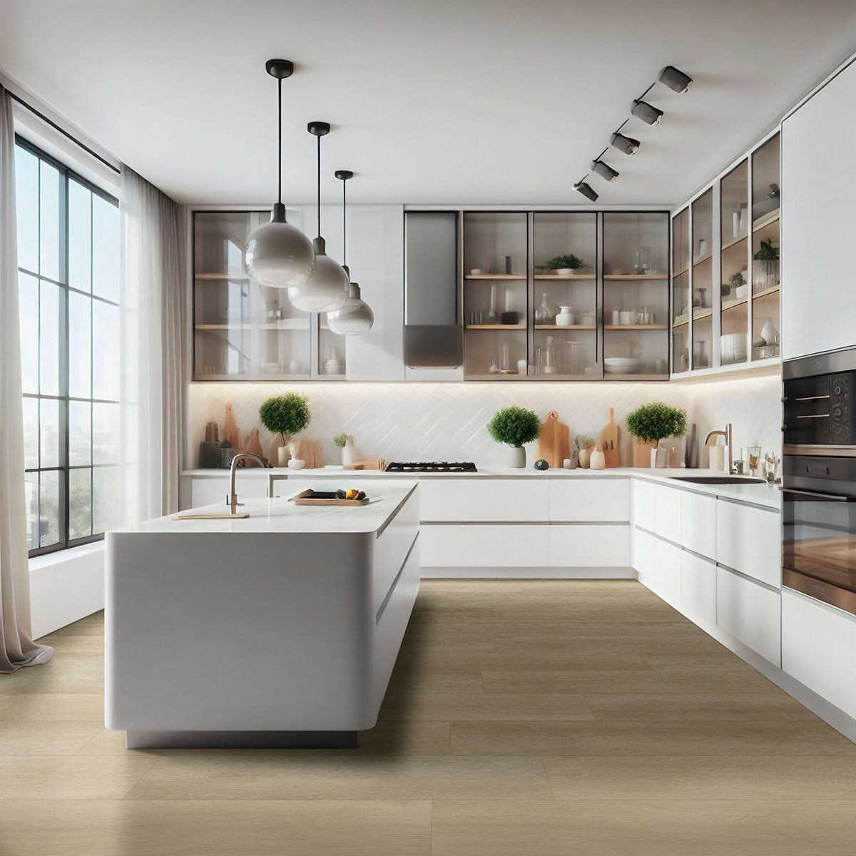 Laurel Reserve 9x48 8mm 22mil Waterproof Rigid Core Luxury Vinyl Plank — installed room view — color Flaxen
