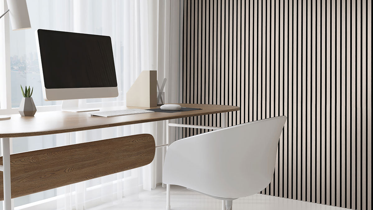 Acoustic Wood Slat Wall Panels — installed room view — color Fog