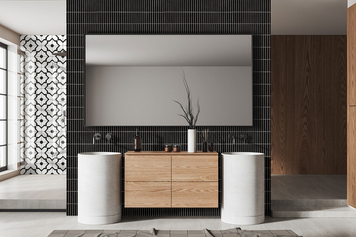 Zaria 8x8 Encaustic-Look Porcelain Tile — installed room view — color Gia