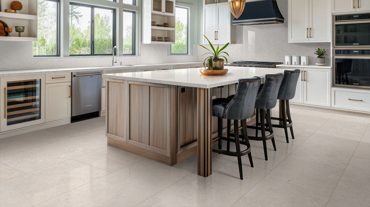 Girona 3x3 Lappato 3D Porcelain Mosaic — installed room view — color Perla