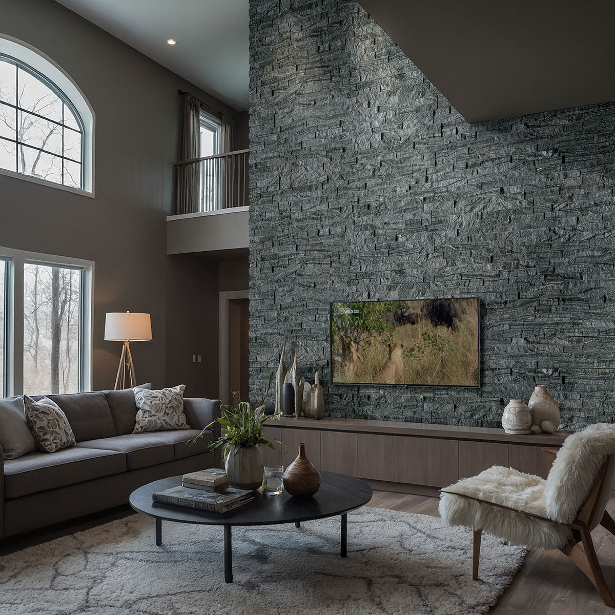 Rockmount Natural-Stone Stacked Stone Corner — installed room view — color Glacial Black Ledger