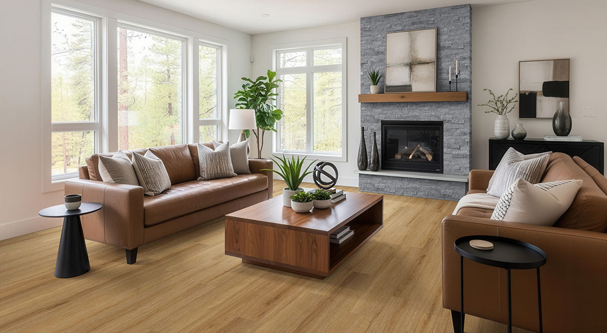 Rockmount Natural-Stone Stacked Stone Corner — installed room view — color Glacial Grey Marble Ledger