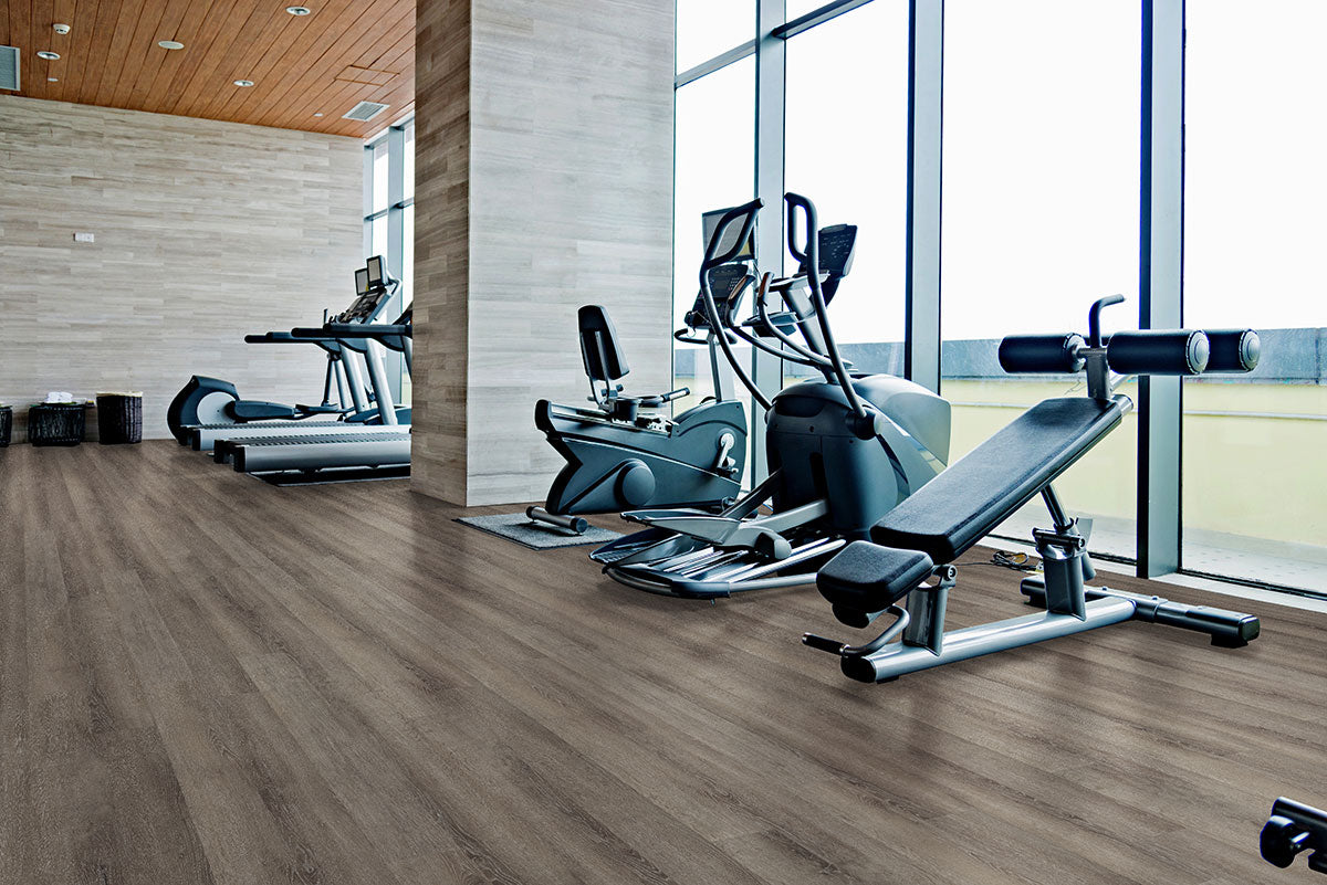 Glenridge 6x48 2mm 12mil Glue-Down Luxury Vinyl Plank — installed room view — color Charcoal Oak