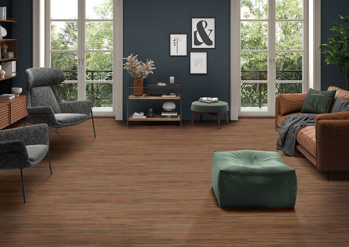 Glenridge 6x48 2mm 12mil Glue-Down Luxury Vinyl Plank — installed room view — color Jatoba