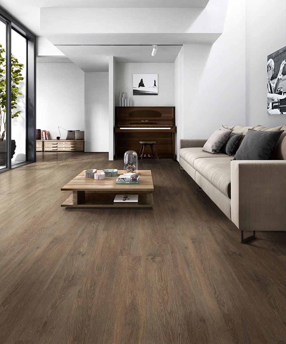 Glenridge 6x48 2mm 12mil Glue-Down Luxury Vinyl Plank — installed room view — color Saddle Oak