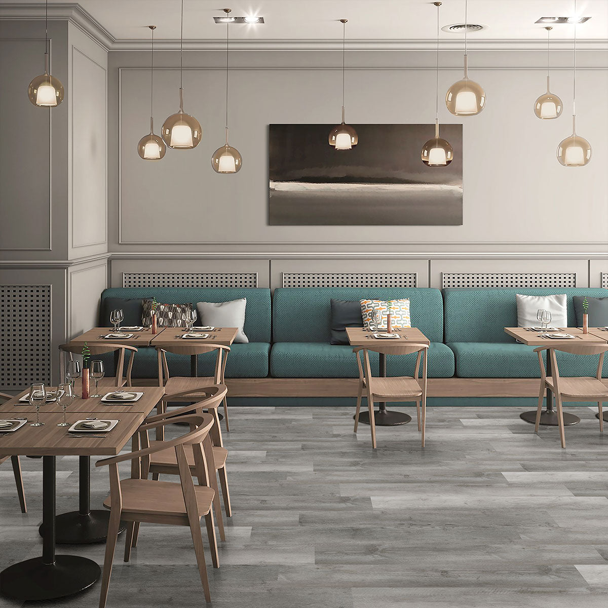 Glenridge 6x48 2mm 12mil Glue-Down Luxury Vinyl Plank — installed room view — color Woodrift Gray