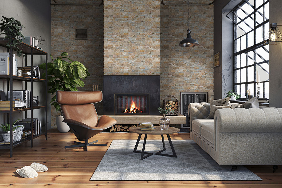 Rockmount Natural-Stone Stacked Stone Corner — installed room view — color Golden Honey Ledger