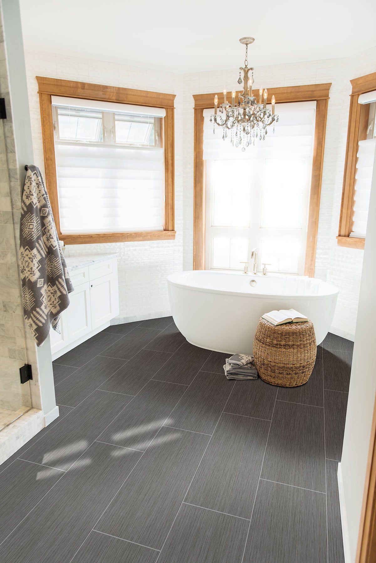 Focus 3x18 Matte Porcelain Bullnose — installed room view — color Graphite