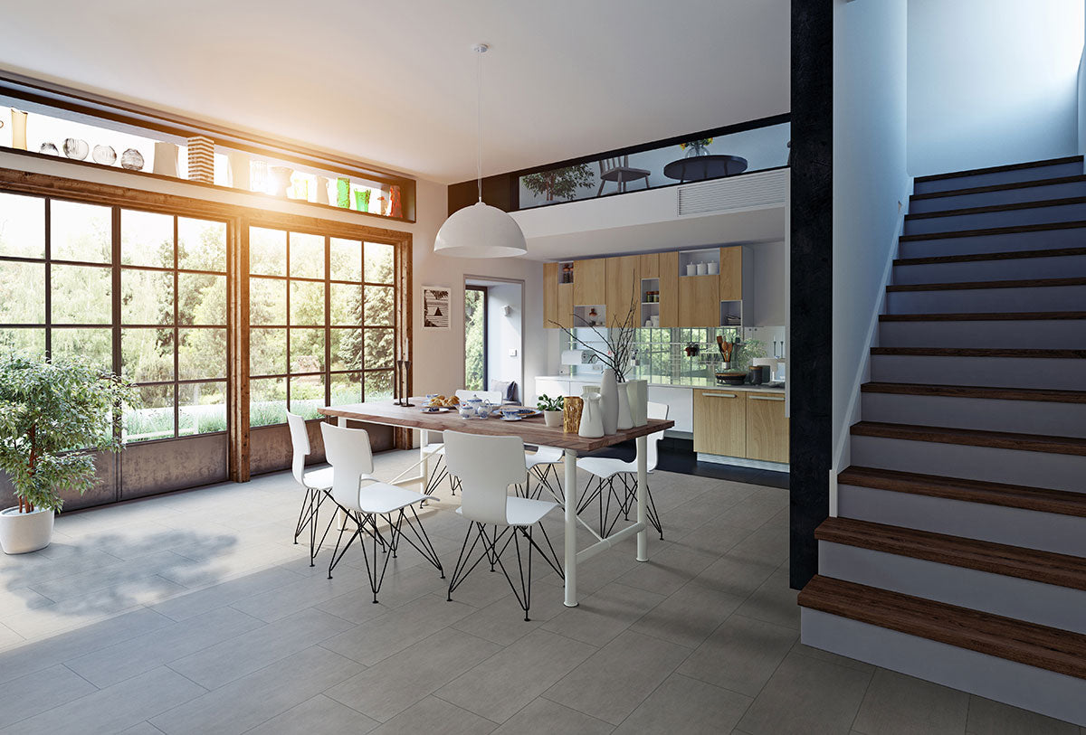 Gridscale 12x24 Matte Concrete-Look Ceramic Tile — installed room view — color Graphite