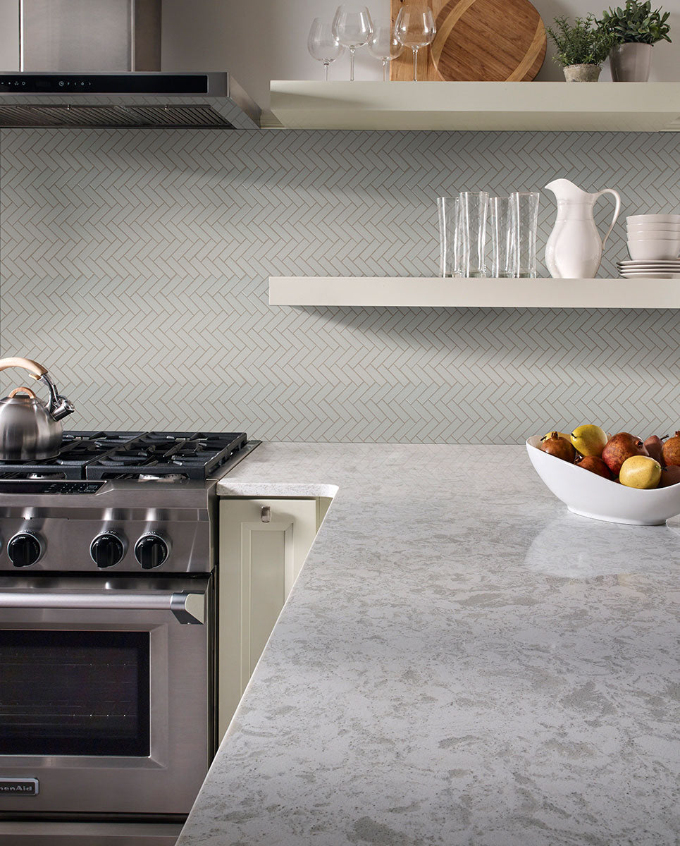 Domino Glossy Herringbone Porcelain Mosaic installed room scene