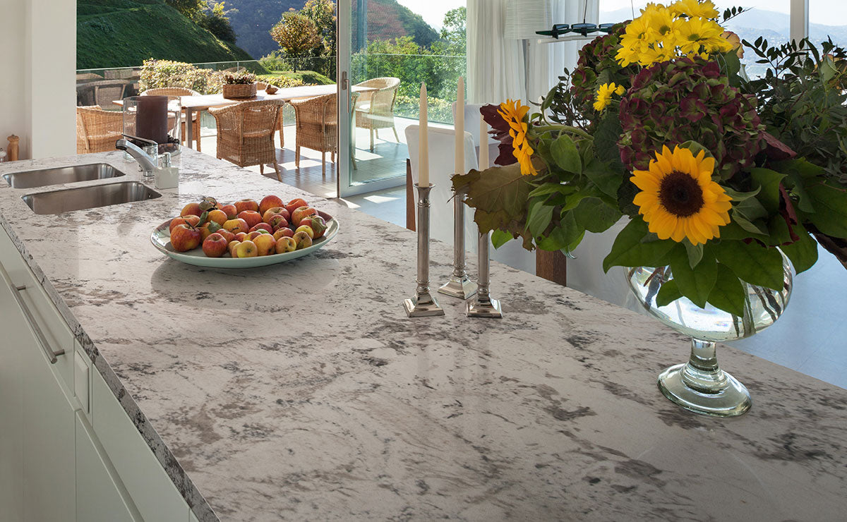 Gray Nuevo countertop room inspiration; installation shown is illustrative