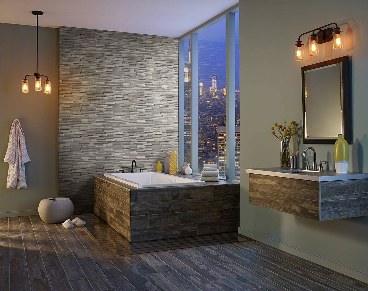 Rockmount 3D Natural-Stone Stacked Stone Panel — installed room view — color Gray Oak Panel