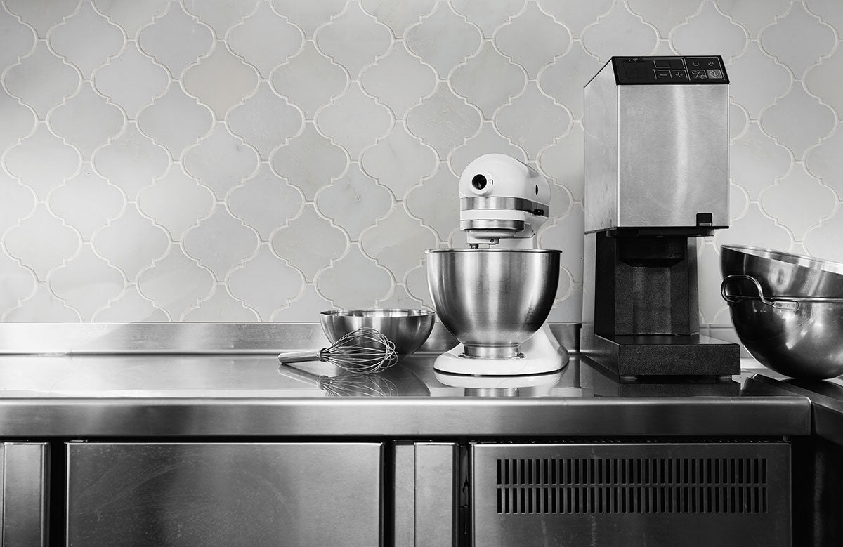 Greecian White Arabesque Polished Marble Mosaic installed room scene
