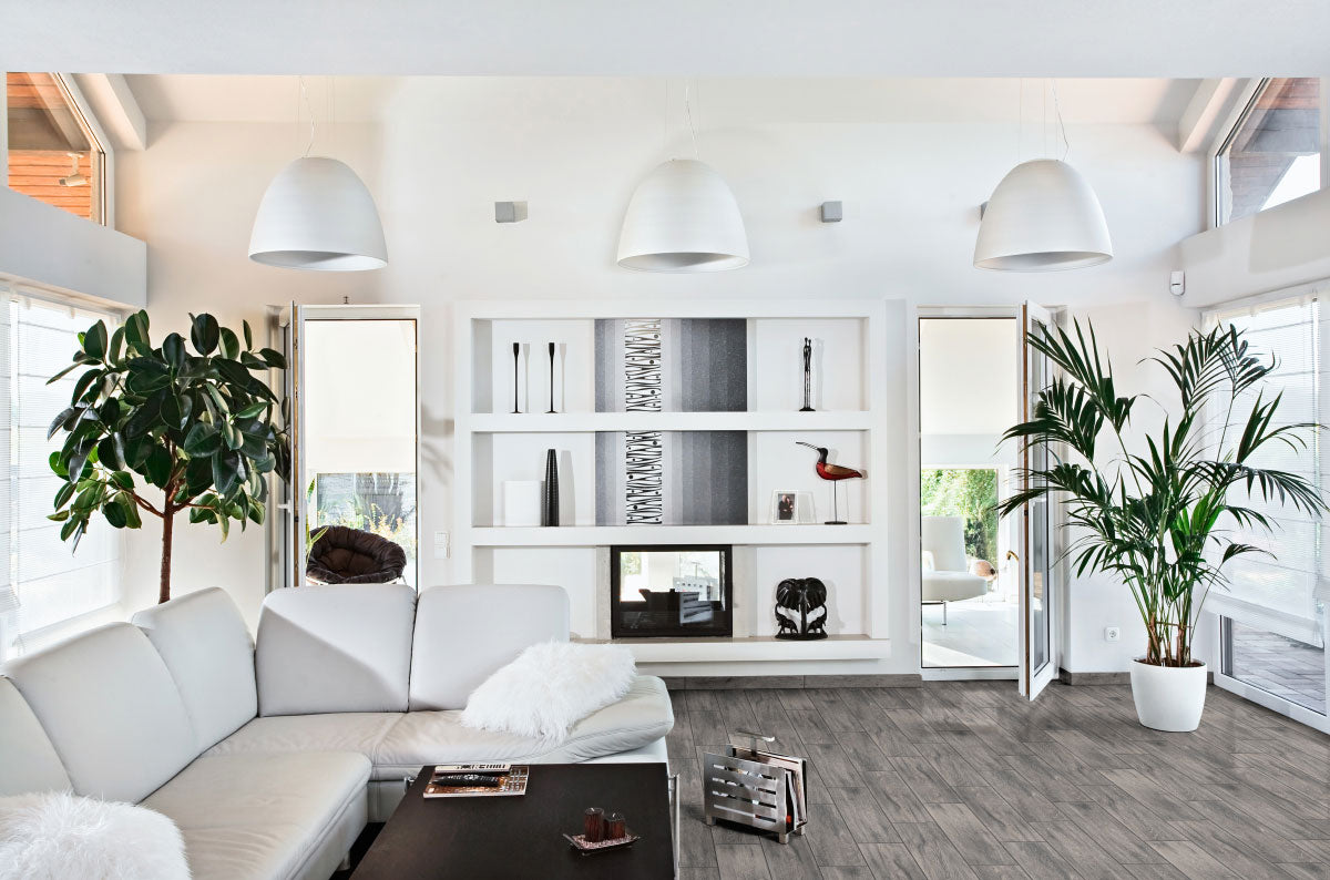 Balboa 6x24 Matte Wood-Look Ceramic Tile — installed room view — color Gray
