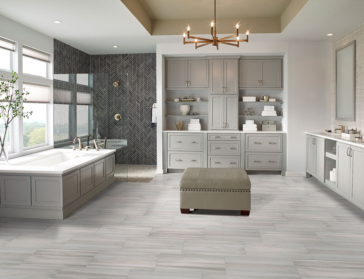 Watercolor 3.5x24 Matte Porcelain Bullnose — installed room view — color Grigio
