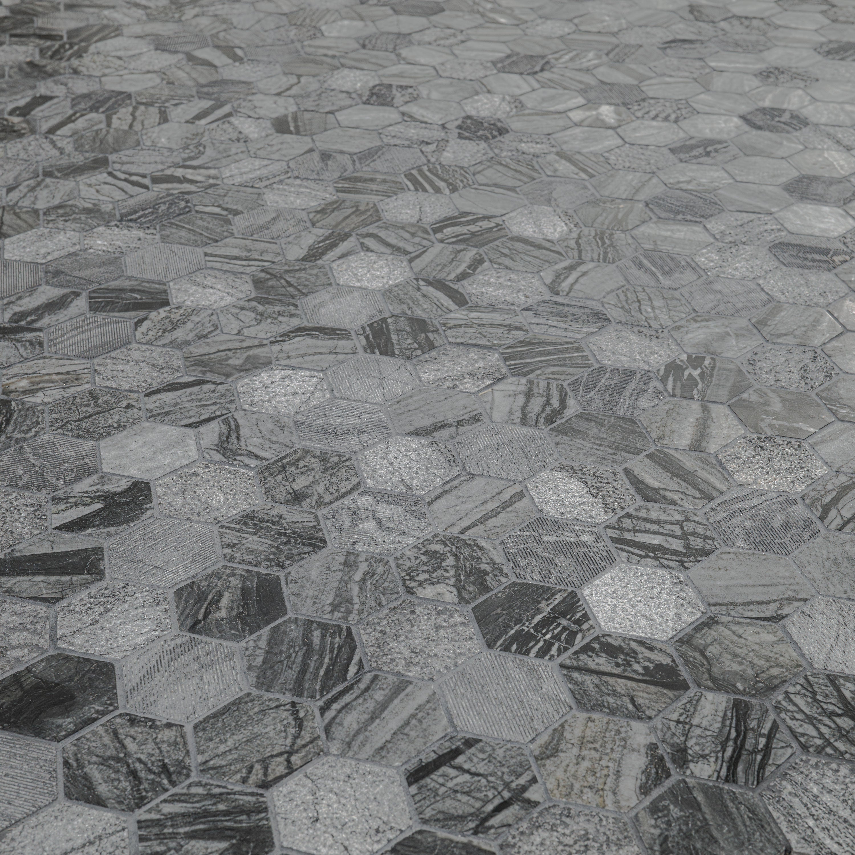 Henley 2-inch Multi-Finish Marble Hexagon Mosaic — close-up texture view