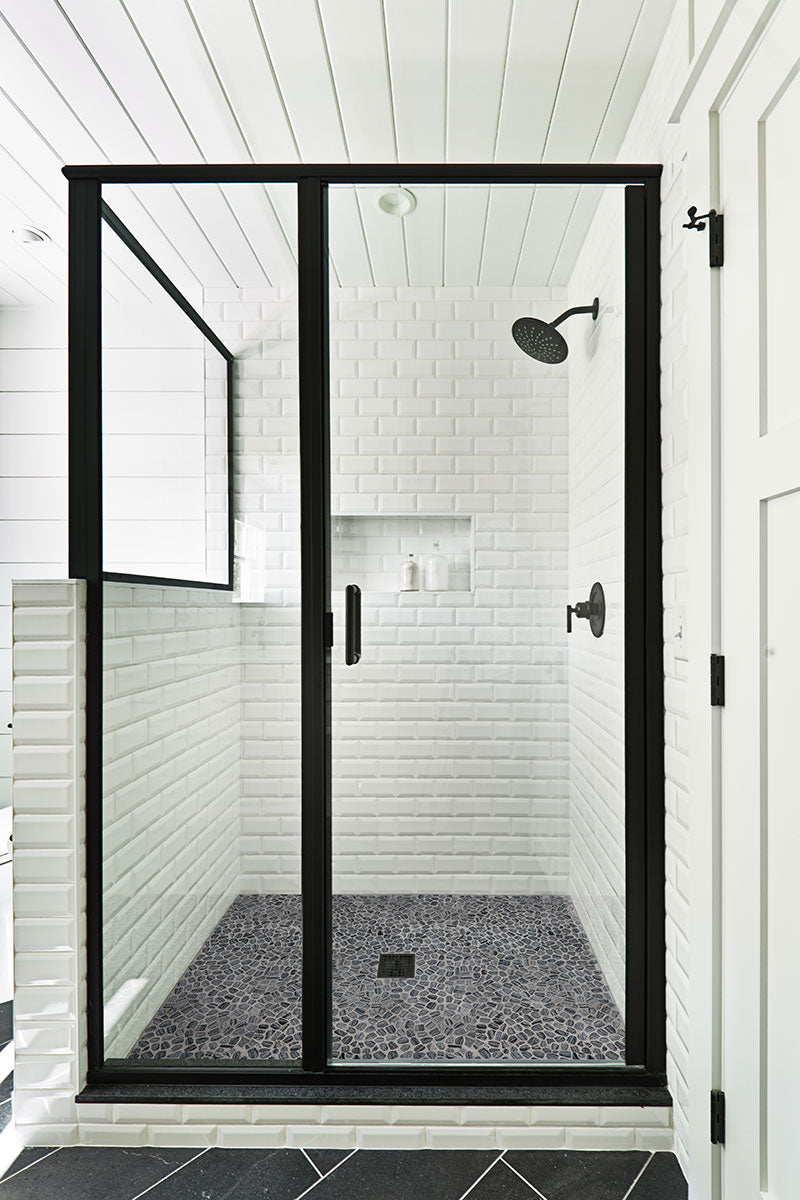 Rio Lago Natural-Stone Pebble Mosaic — installed room view — color Henley