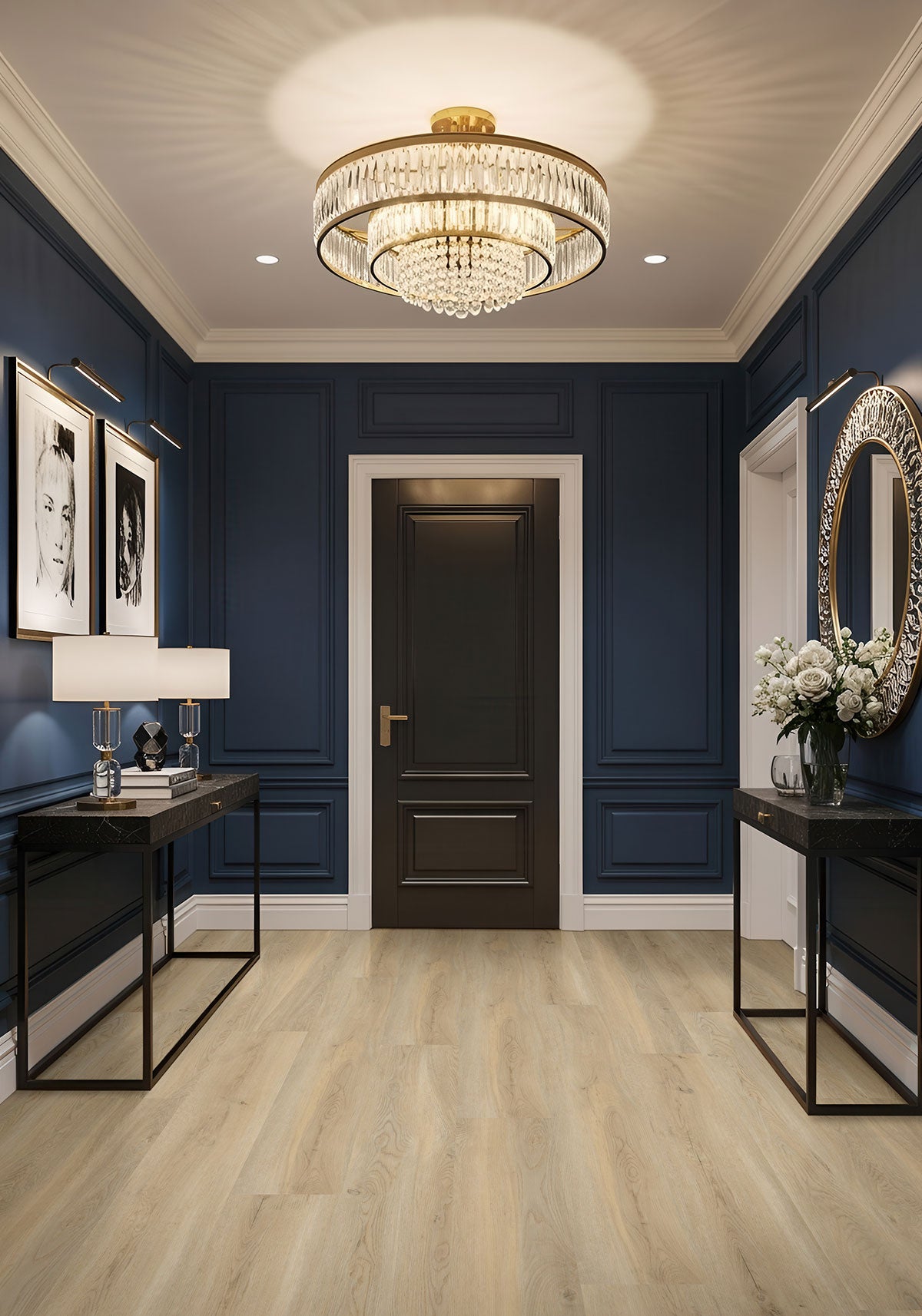 Laurel 9x48 5mm 20mil Waterproof Rigid Core Luxury Vinyl Plank — installed room view — color Honey Hollow