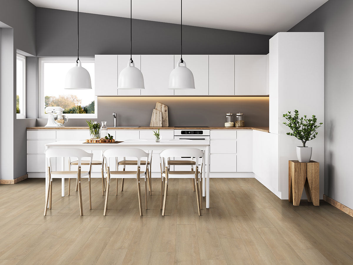 Laurel Reserve 9x48 8mm 22mil Waterproof Rigid Core Luxury Vinyl Plank — installed room view — color Hyde Haven