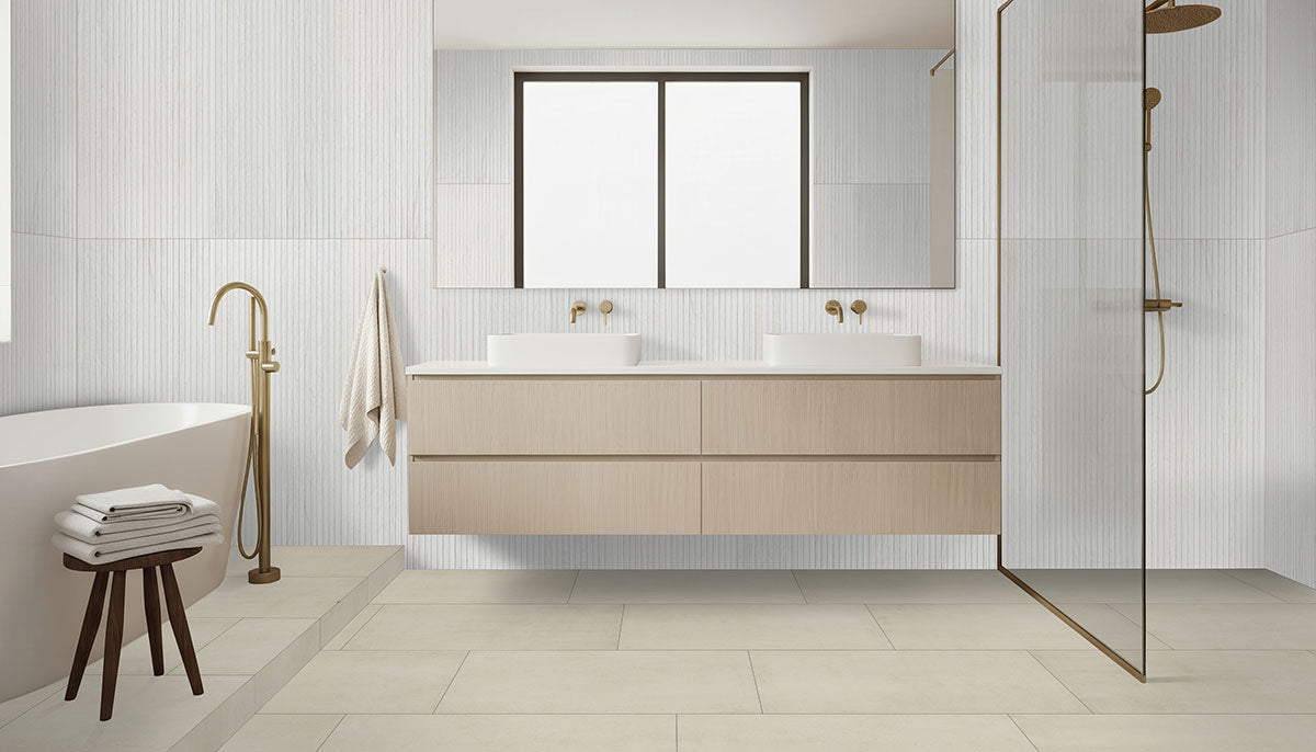 Trecento 12x24 5mm Stone-Look Rigid-Core Luxury Vinyl Tile — installed room view — color Ivorelle