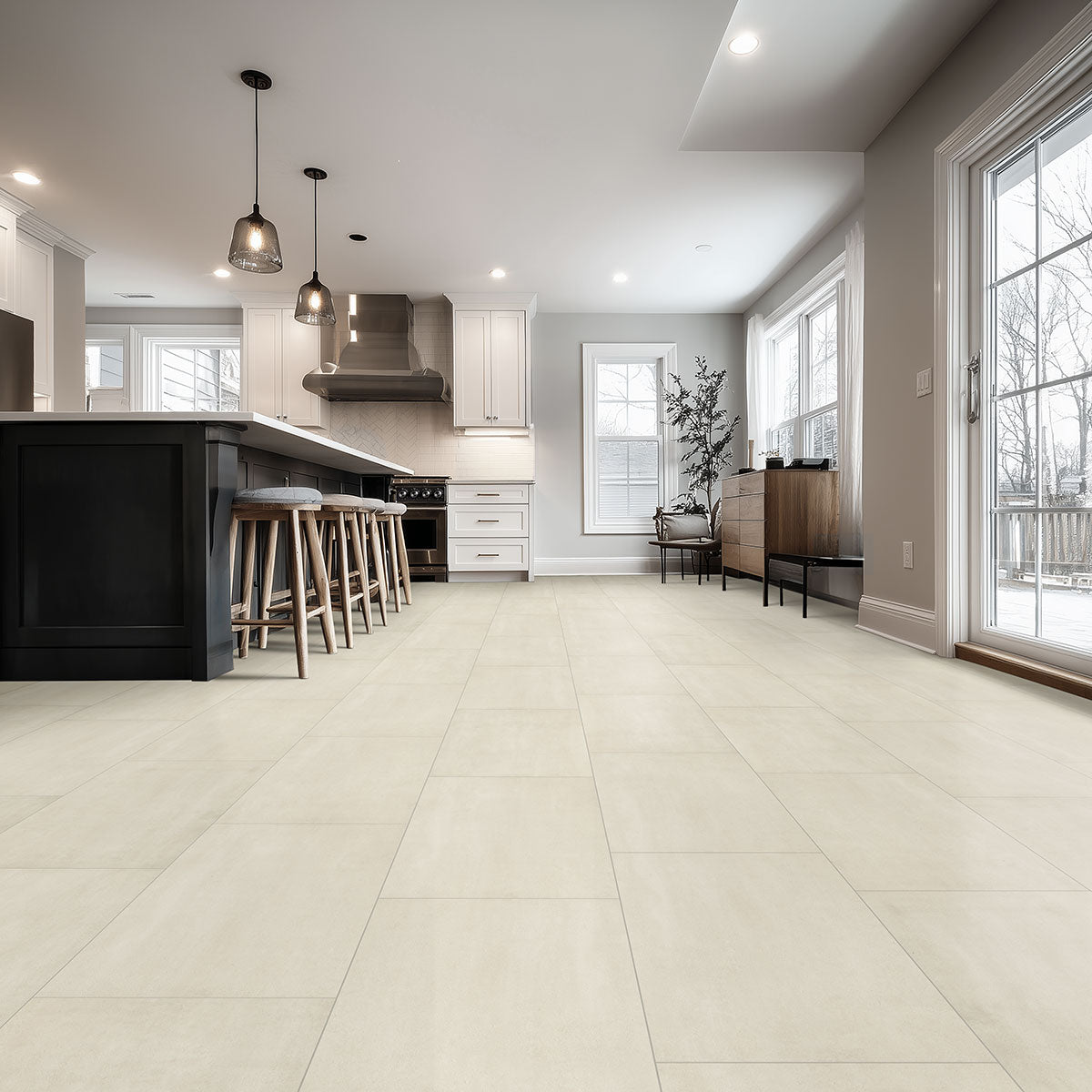 XL Trecento 18x36 Stone-Look Rigid-Core Luxury Vinyl Tile — installed room view — color Ivorelle