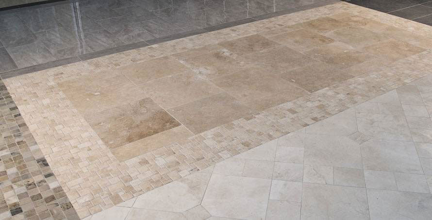 Bologna Chiaro 3x6 Tumbled Travertine Tile — installed room view — color Chiaro