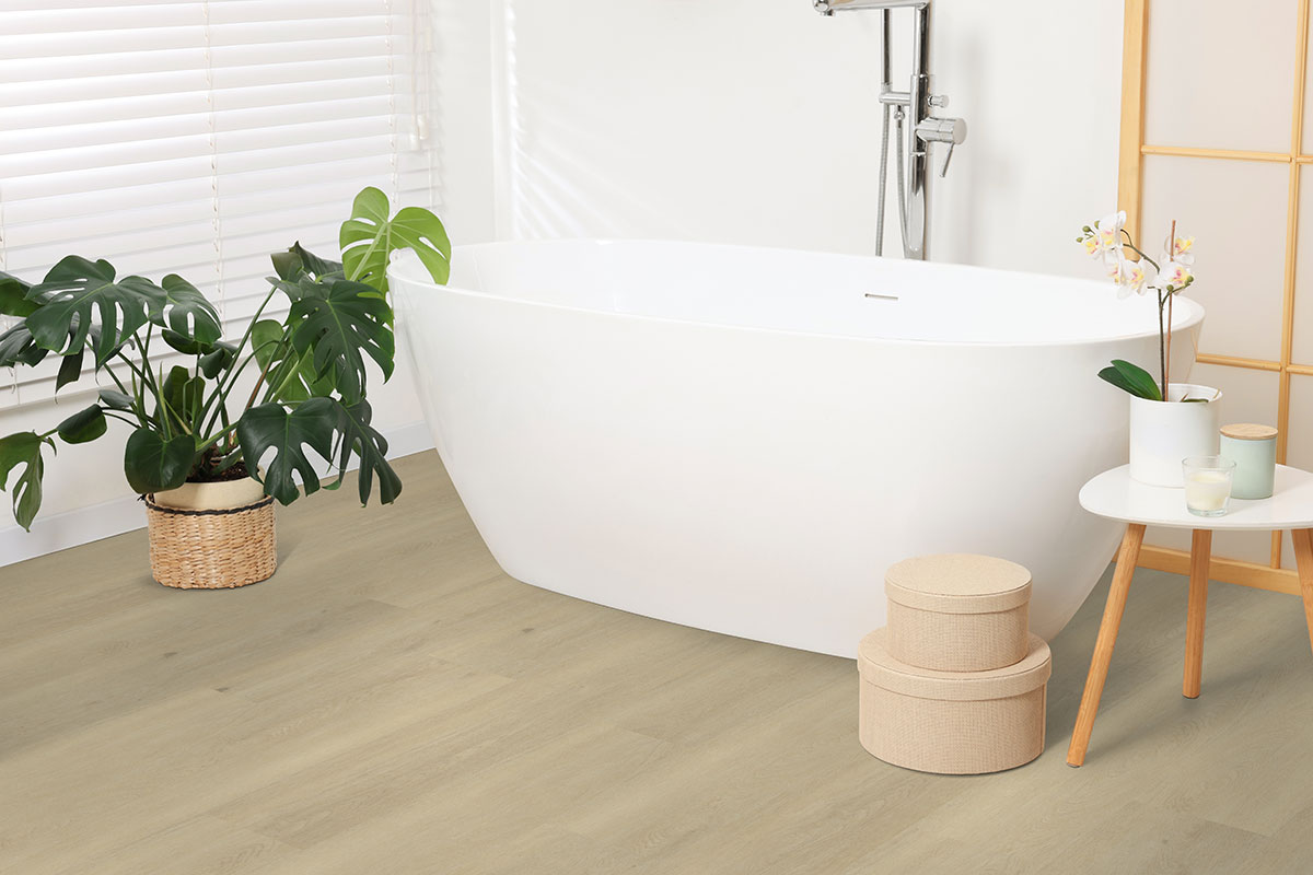Kallum 9x48 5mm 20mil Loose-Lay Luxury Vinyl Plank — installed room view — color Benton Blonde
