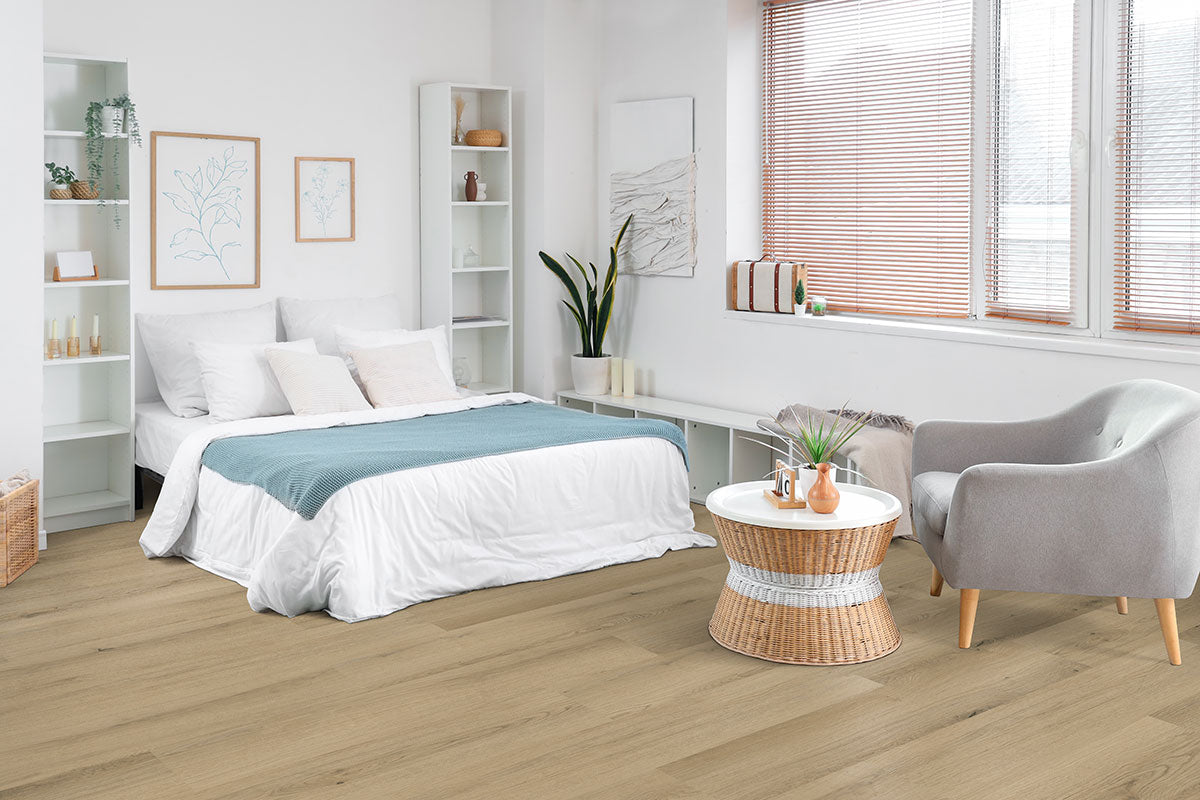 Kallum 9x48 5mm 20mil Loose-Lay Luxury Vinyl Plank — installed room view — color Runmill Isle