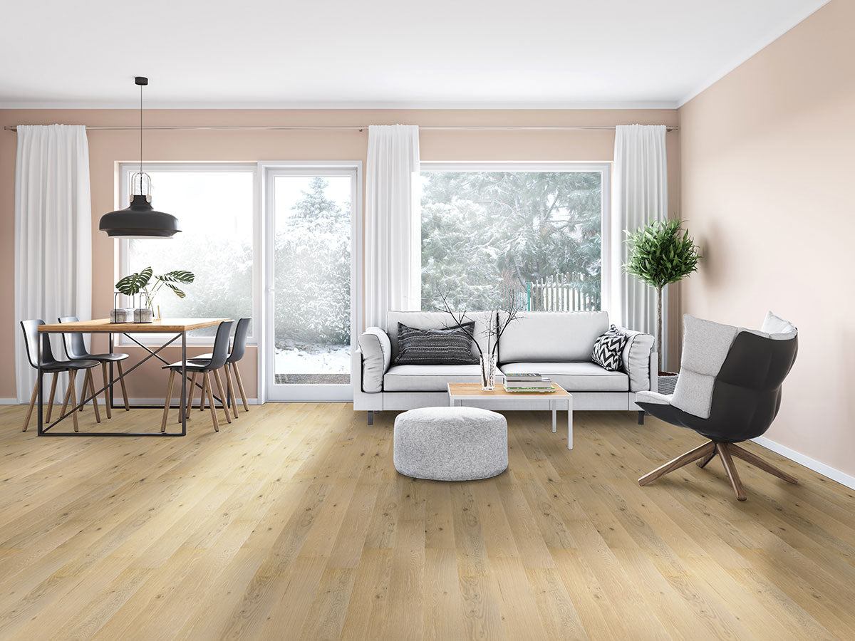Woodhills 6.5x48 Waterproof Wood Flooring — installed room view — color Kings Buff Oak