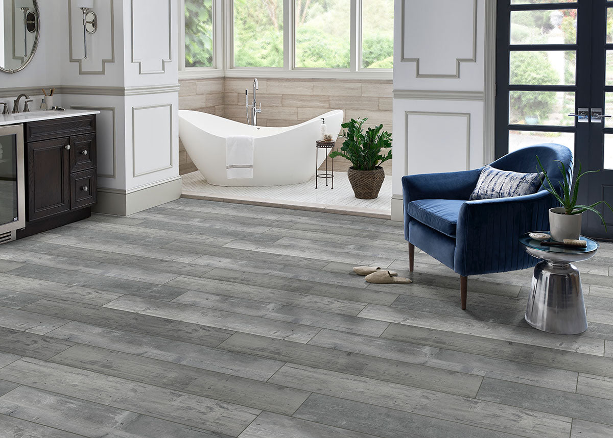 Andover Waterproof Rigid Core Luxury Vinyl Plank — installed room view — color Kingsdown Gray