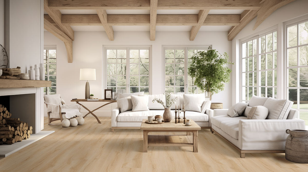 Laurel Reserve 9x48 8mm 22mil Waterproof Rigid Core Luxury Vinyl Plank — installed room view — color Fallonton