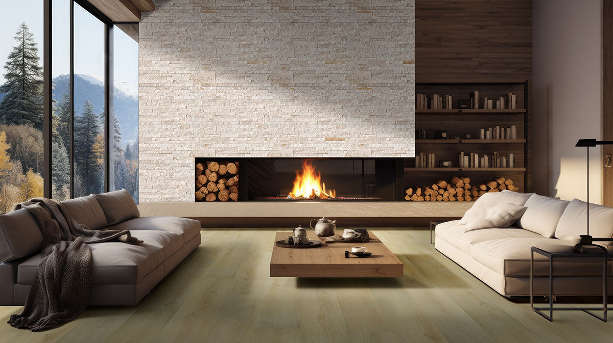 Laurel Reserve 9x48 8mm 22mil Waterproof Rigid Core Luxury Vinyl Plank — installed room view — color Tranquilla
