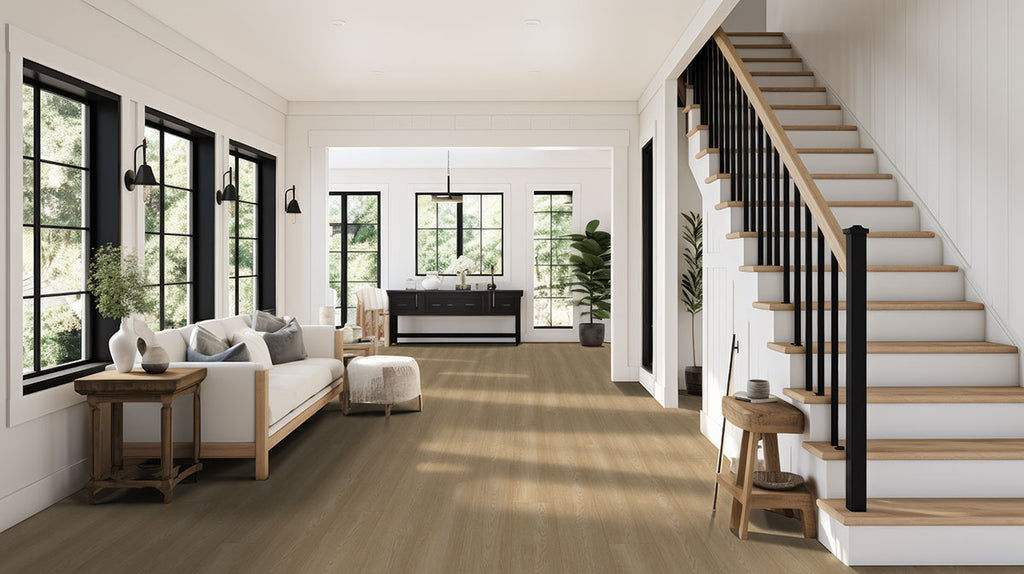 Laurel Linen Loggia, supplier room scene showing flooring (VTRLINLOG9X48-5MM-20MIL)