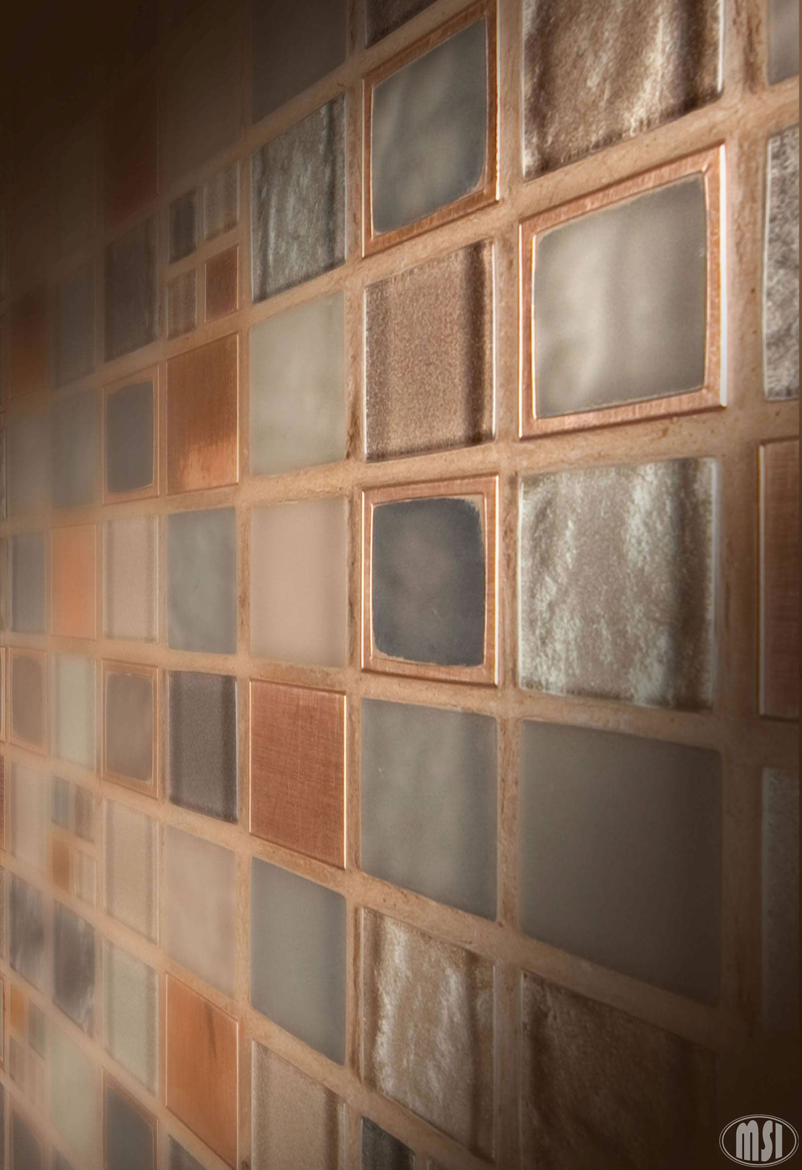 Manhattan Blend Pattern 8mm Glass and Metal Mosaic — installed room view — color Blend