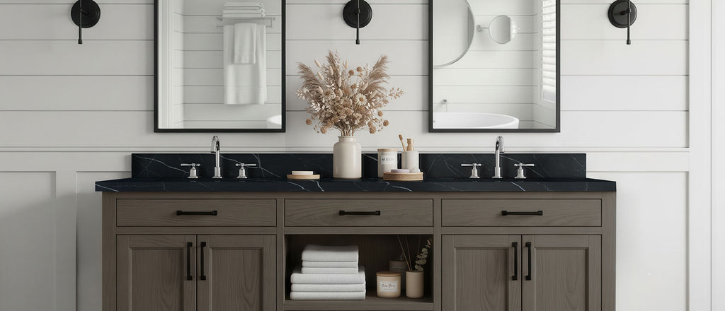 Marquina Midnight quartz — room scene