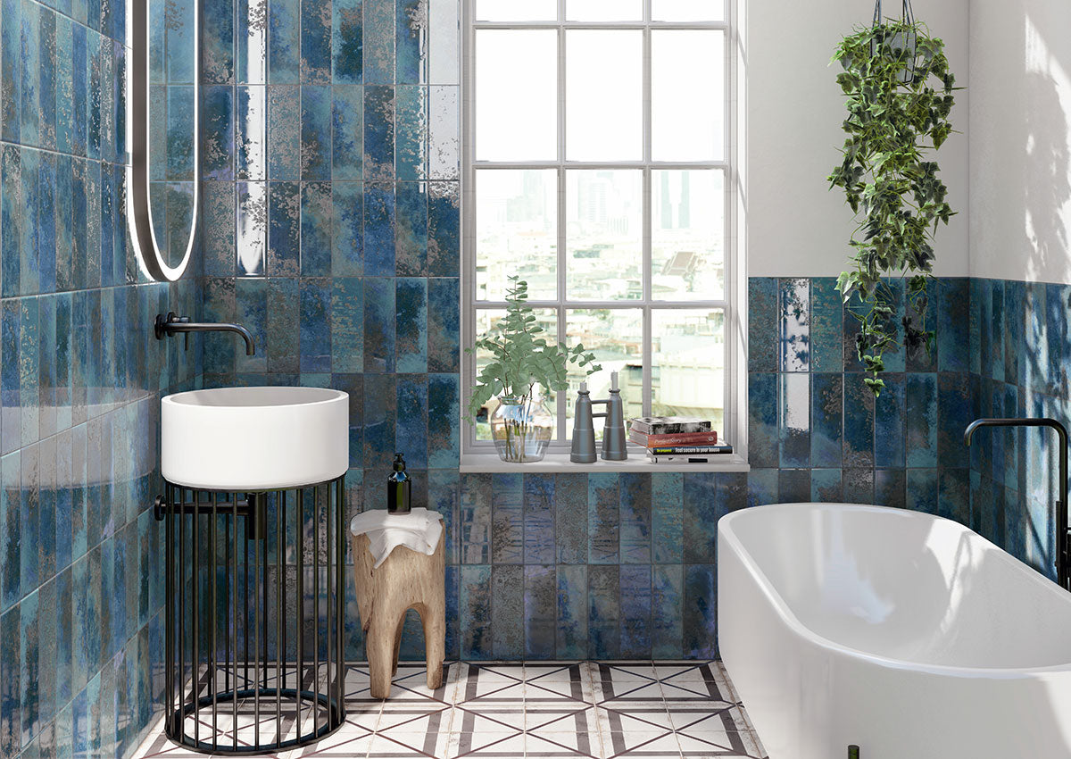 Marza 4x12 Glossy Glazed Ceramic Subway Tile — installed room view — color Cobalt
