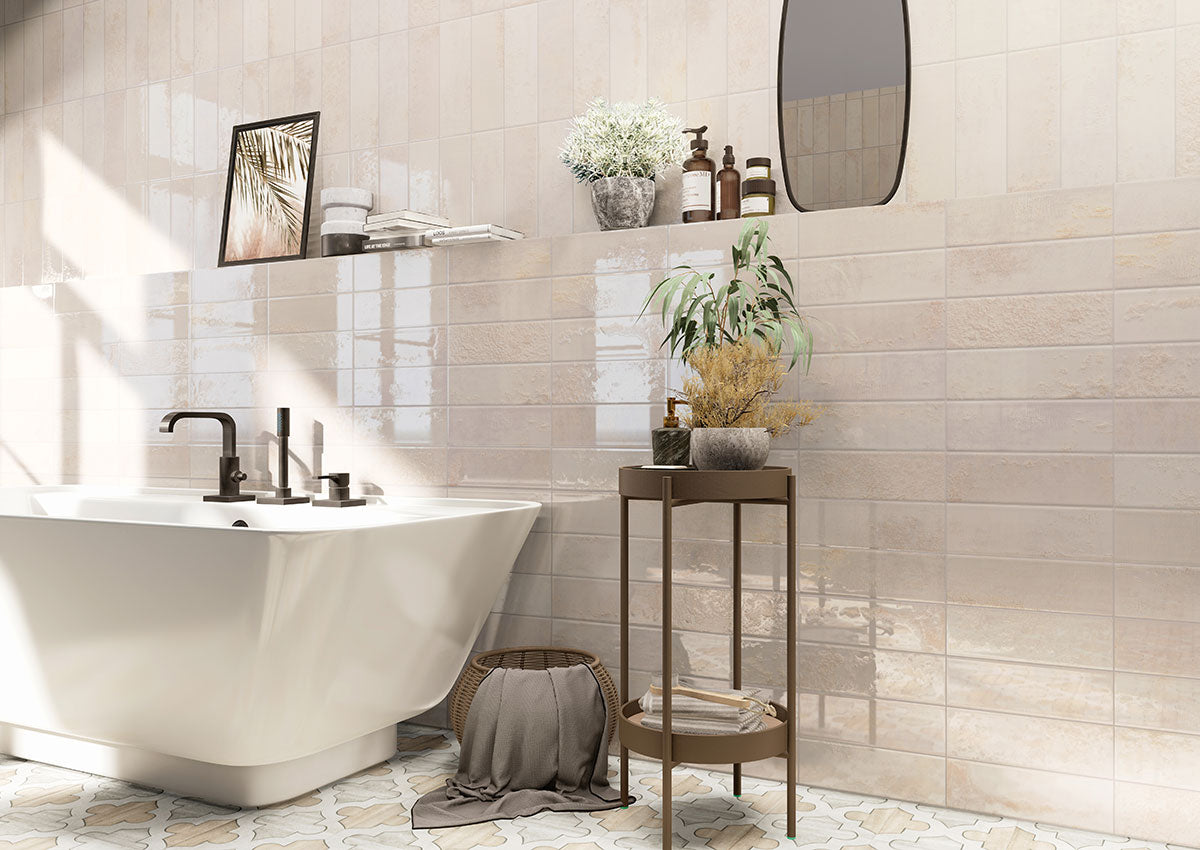 Marza 4x12 Glossy Glazed Ceramic Subway Tile — installed room view — color Pearl